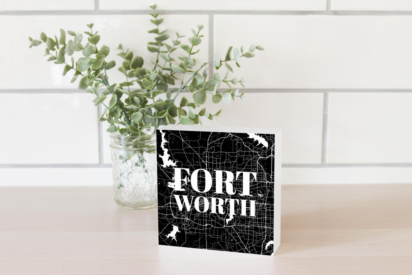 Minimalistic B&W Texas Fort Worth Map | Wood Block | Eaches | Min 4