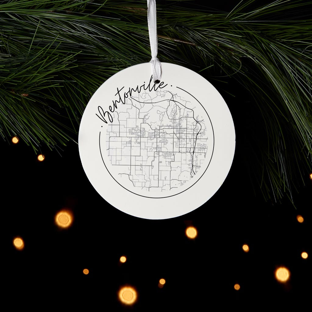 Minimalist B&W Arkansas Bentonville Circle Map | Wood Ornament | Eaches | Min 6