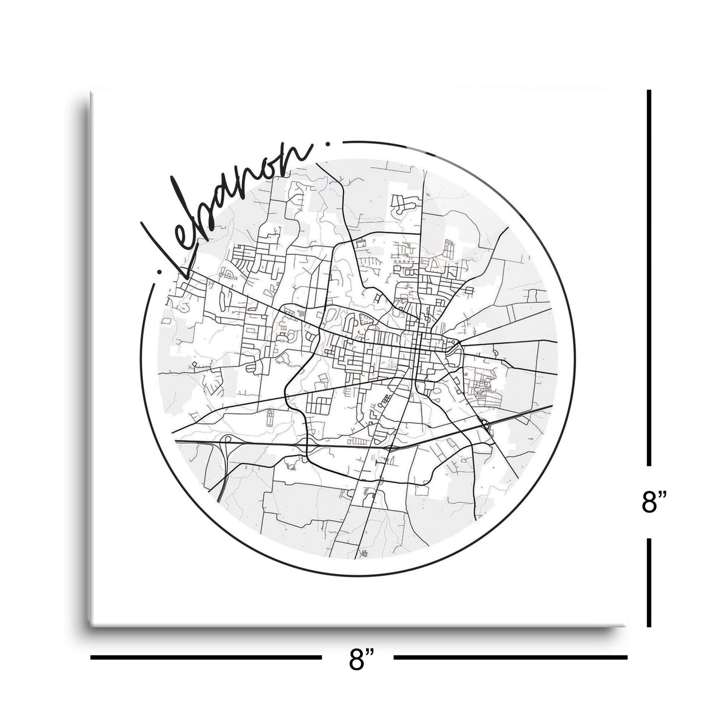 Minimalist B&W Tennessee Lebanon Circle Map | Hi-Def Glass Art | Eaches | Min 2
