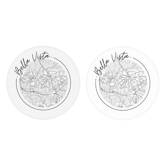 Minimalist B&W Arkansas Bella Vista Circle Map | Absorbent Car Coasters | Set of 2 | Min 4