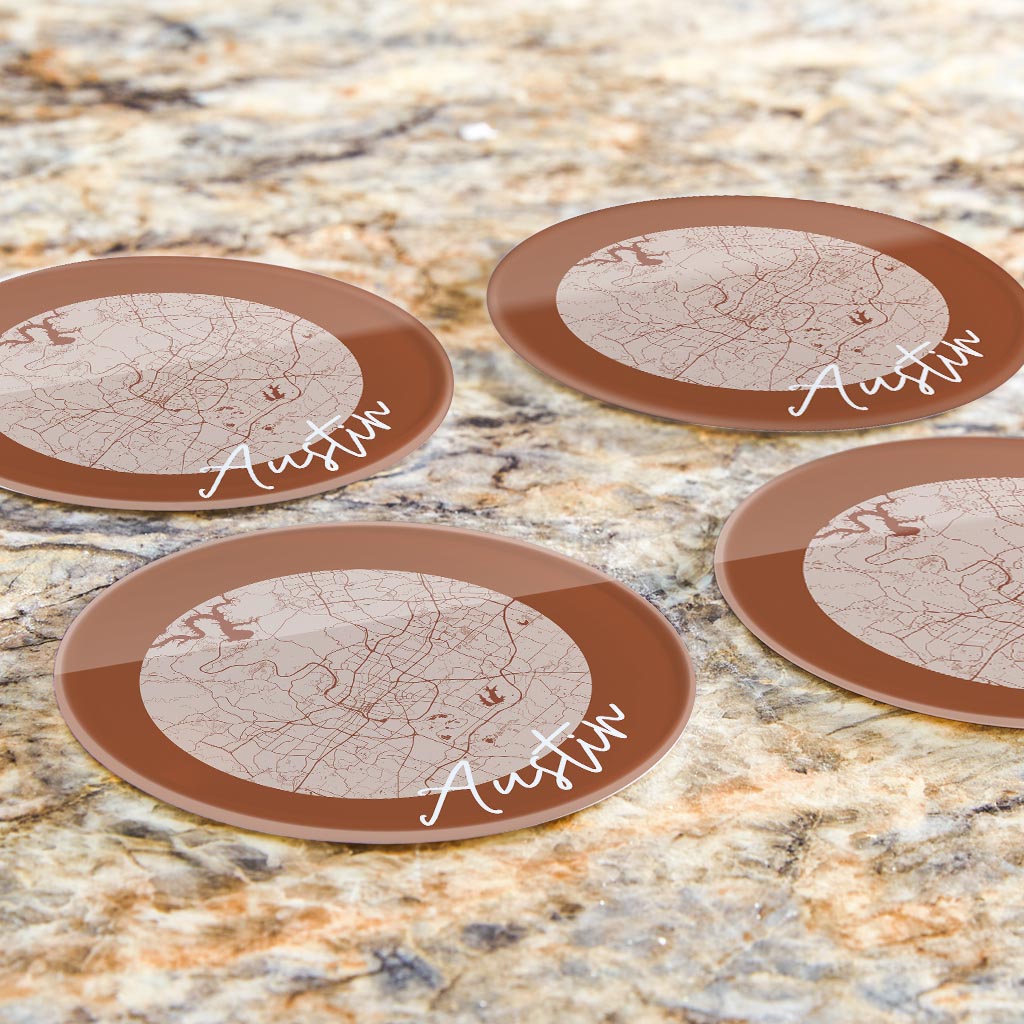 Modern Minimalist Texas Austin Circle Map | Hi-Def Glass Coasters | Set of 4 | Min 2