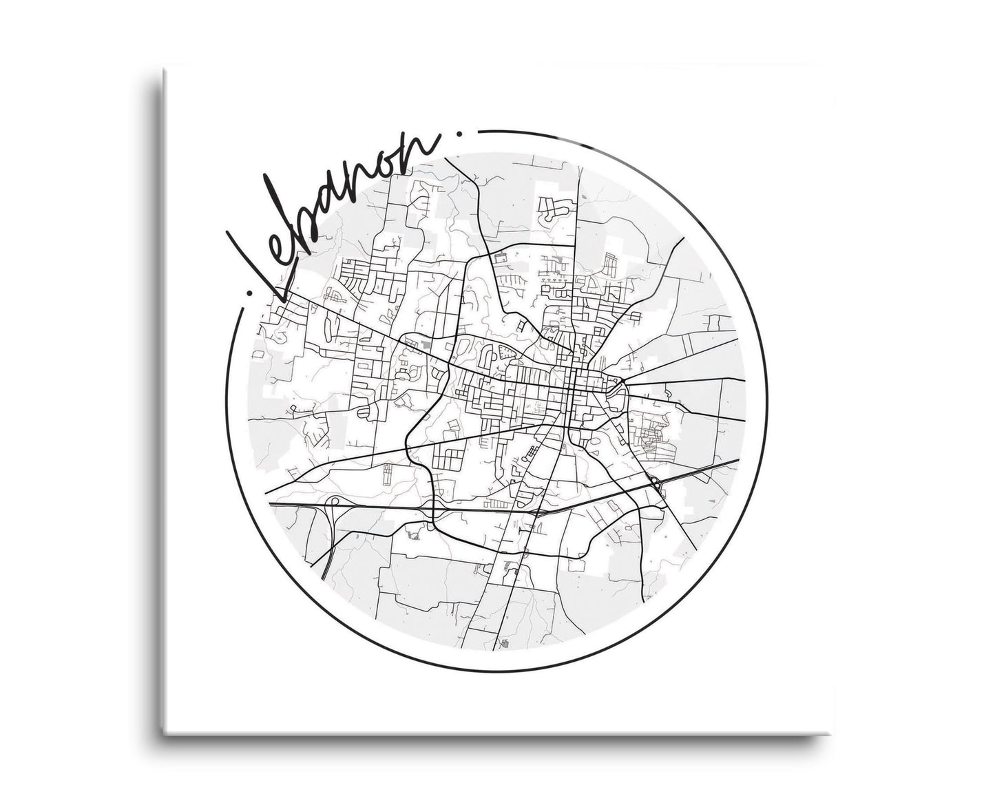 Minimalist B&W Tennessee Lebanon Circle Map | Hi-Def Glass Art | Eaches | Min 2