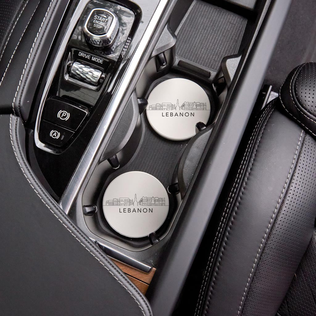 Minimalist B&W Tennessee Lebanon Skyline | Absorbent Car Coasters | Set of 2 | Min 4