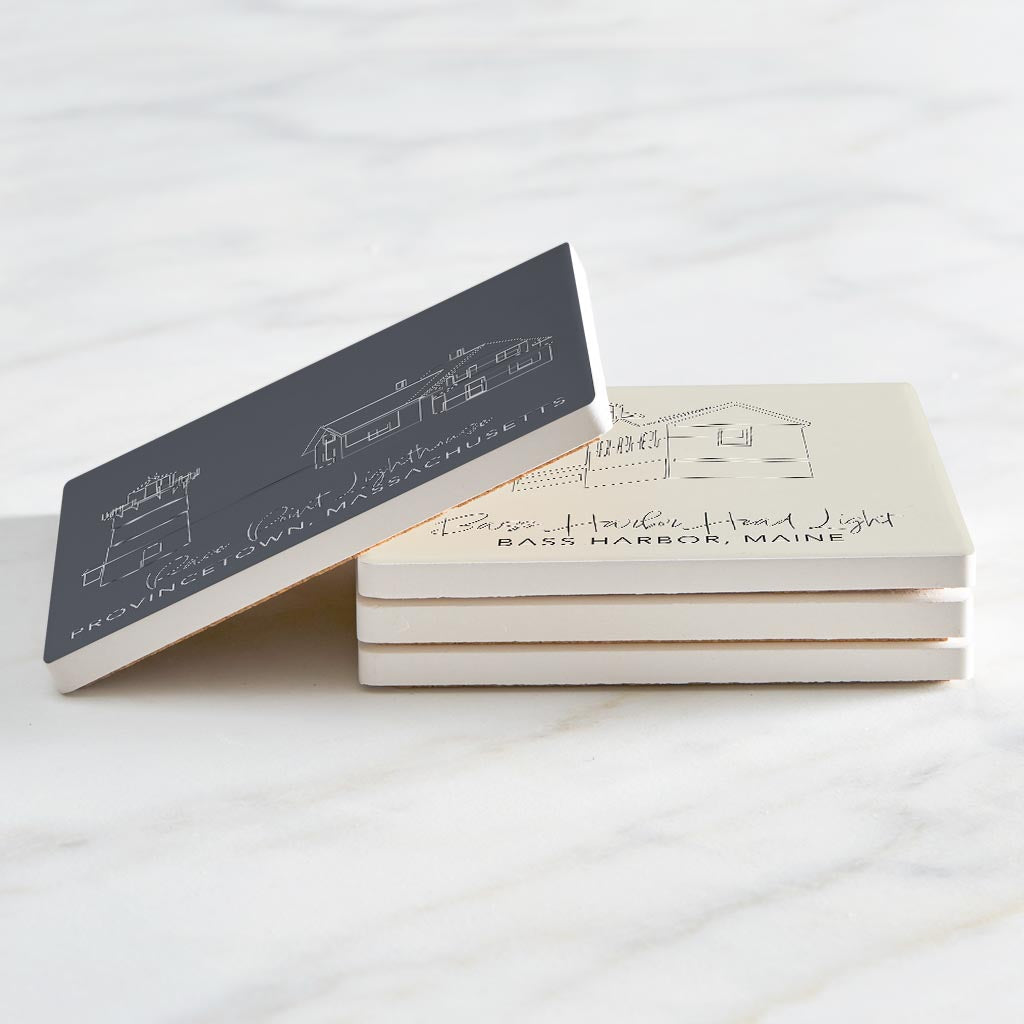 New England Lighthouses Muted Coastal | Absorbent Coasters | Set of 4 | Min 2
