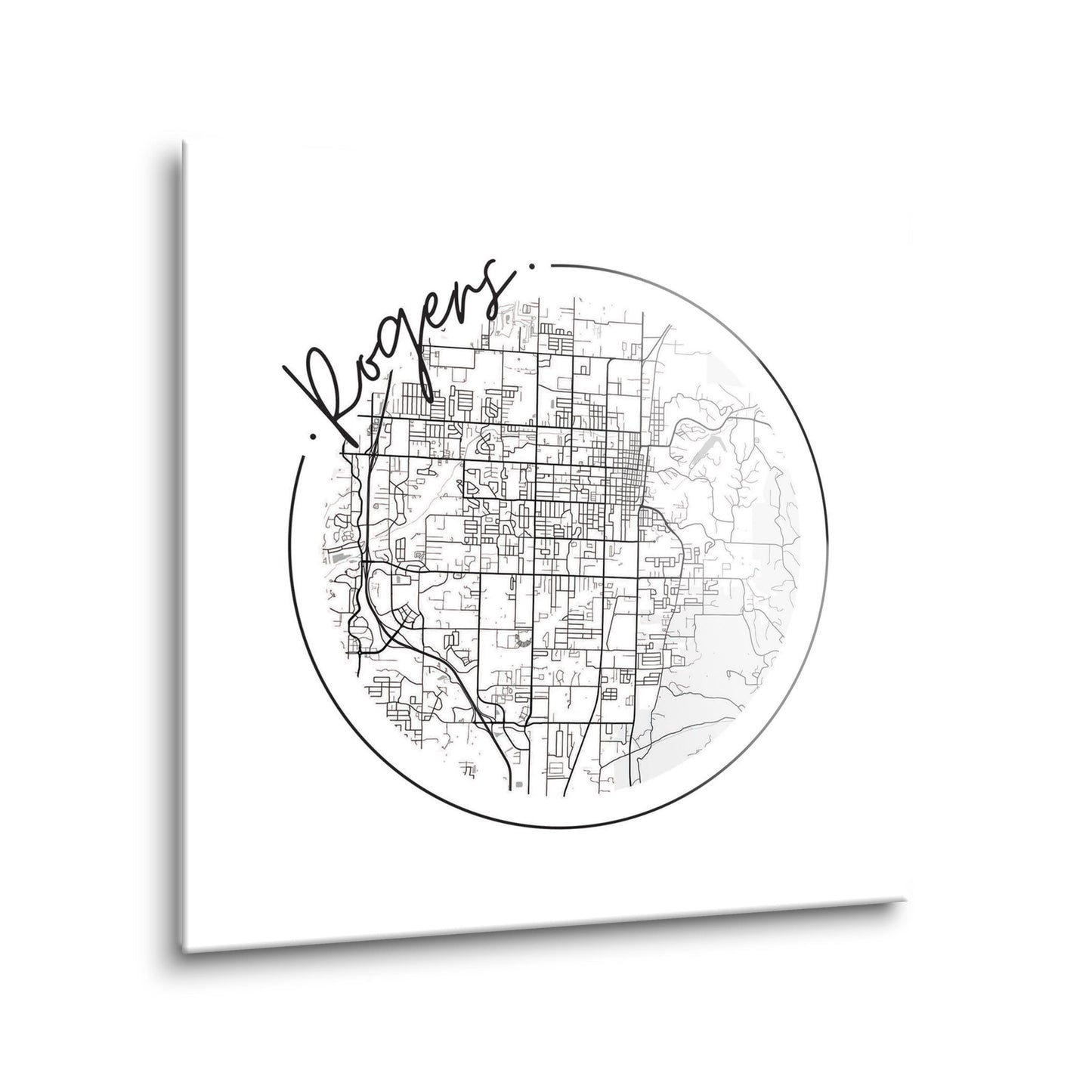 Minimalist B&W Arkansas Rogers Circle Map | Hi-Def Glass Art | Eaches | Min 2