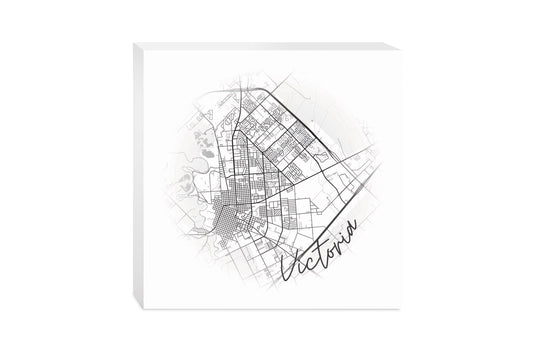 Minimalistic B&W Texas Victoria Circle Map | Wood Block | Eaches | Min 2
