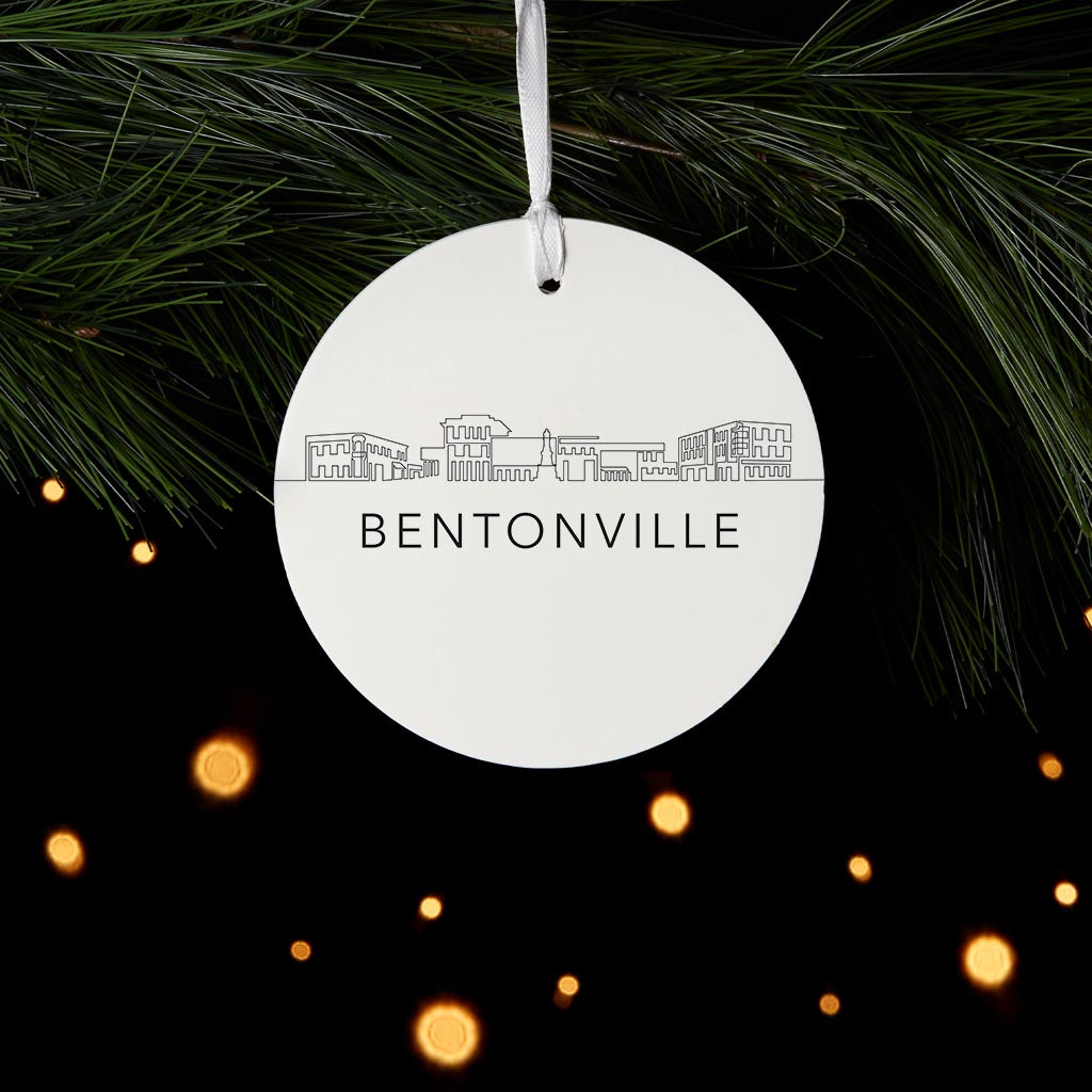 Minimalist B&W Arkansas Bentonville Skyline | Wood Ornament | Eaches | Min 6