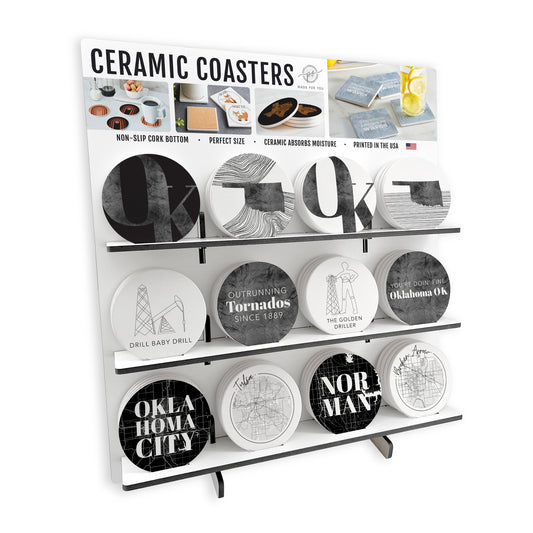 Modern Black & White Oklahoma Circle Ceramic Coaster Loaded Display POP Min of 1