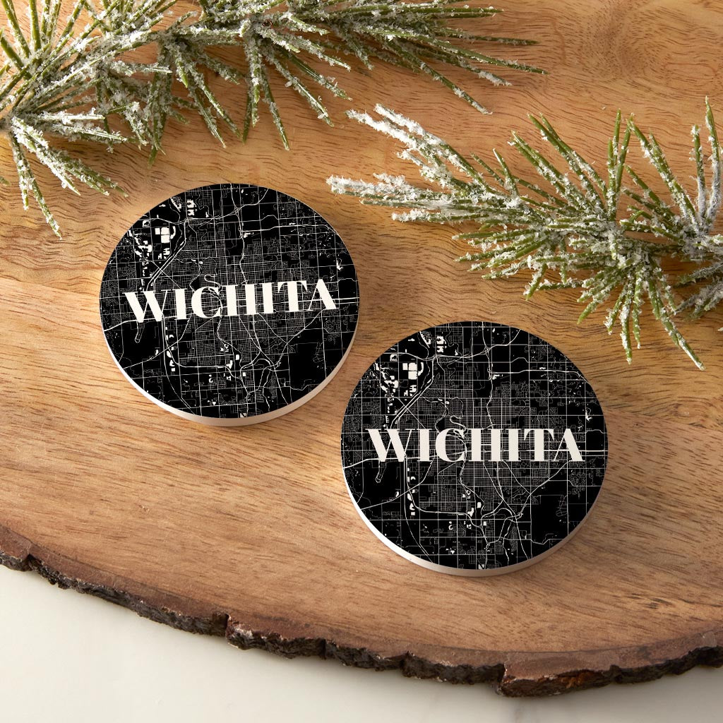 Minimalist B&W Kansas Wichita Map | Absorbent Car Coasters | Set of 2 | Min 4