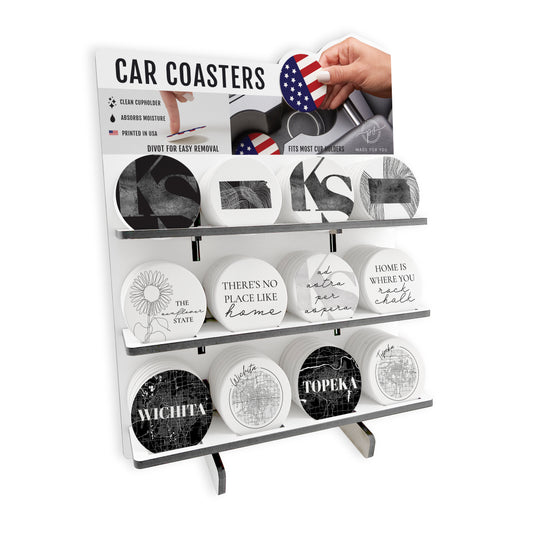 Minimalist B&W Kansas Car Ceramic Coaster Loaded Display POP Min of 1