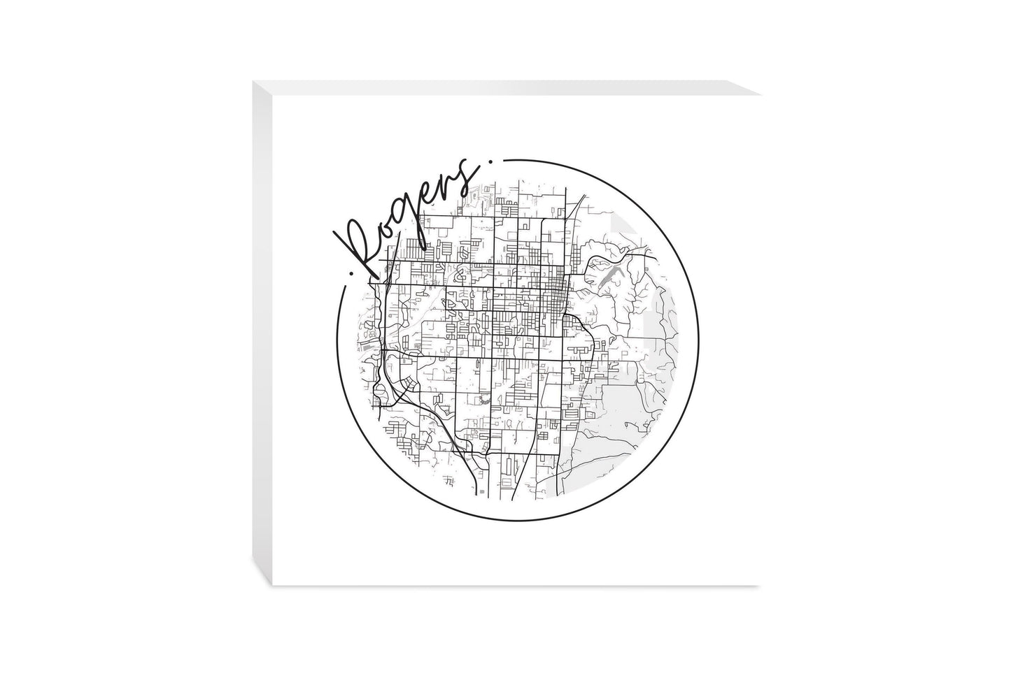 Minimalist B&W Arkansas Rogers Circle Map | Wood Block | Eaches | Min 2