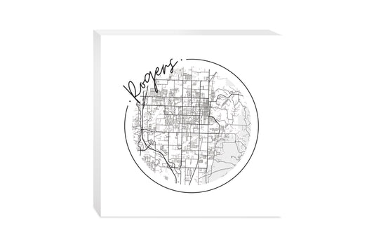 Minimalist B&W Arkansas Rogers Circle Map | Wood Block | Eaches | Min 2