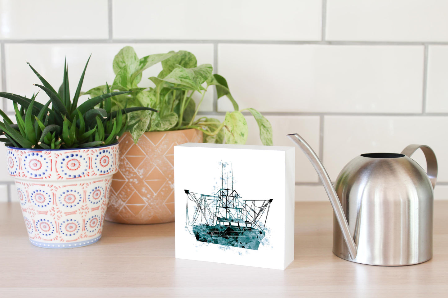 Blue White Water Color Shrimp Boat | Wood Block | Eaches | Min 4