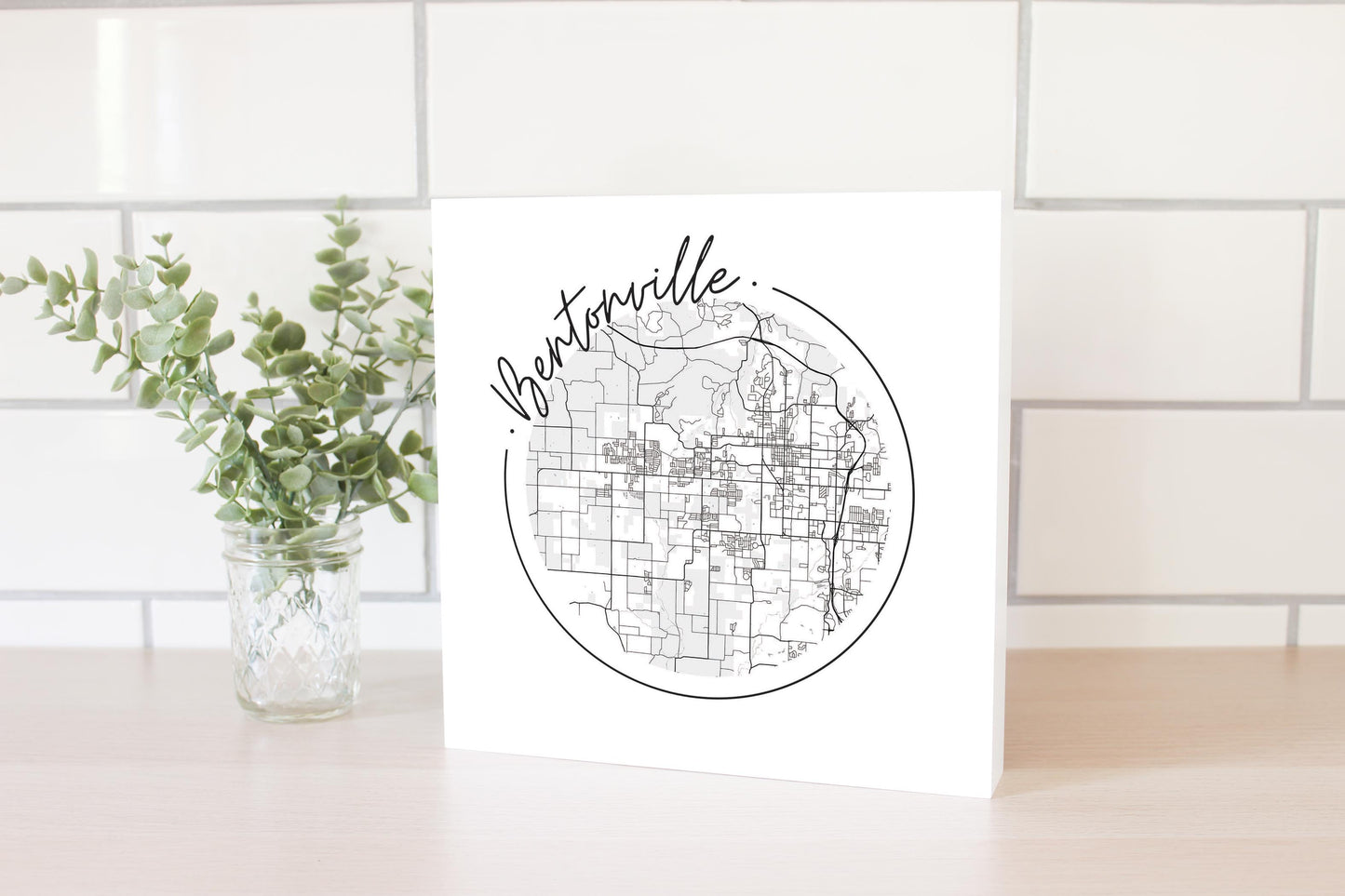 Minimalist B&W Arkansas Bentonville Circle Map | Wood Block | Eaches | Min 2