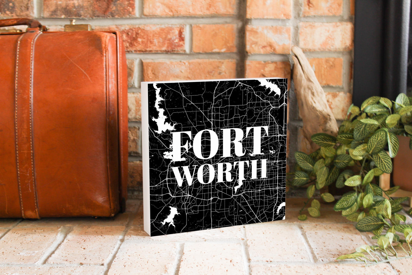 Minimalistic B&W Texas Fort Worth Map | Wood Block | Eaches | Min 2