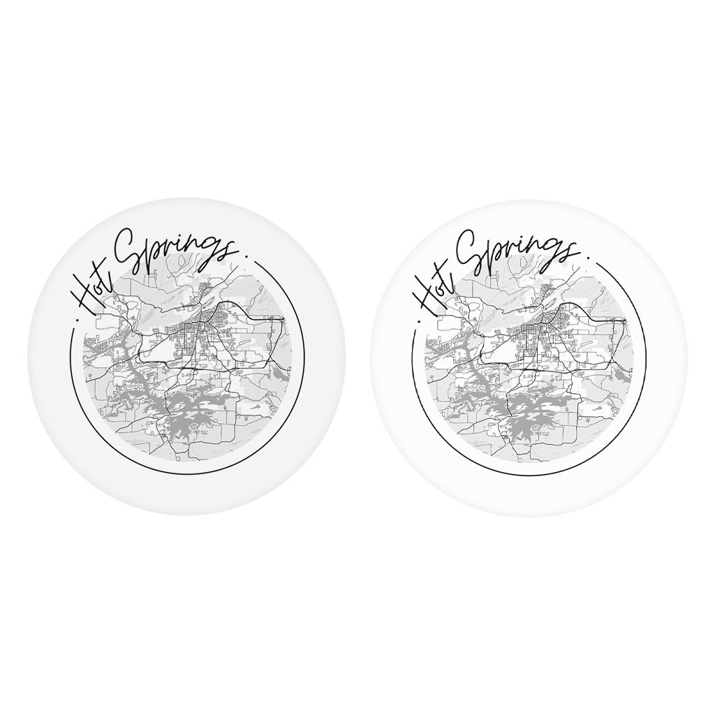B&W Minimalist Arkansas Hot Springs Circle Map | Absorbent Car Coasters | Set of 2 | Min 4