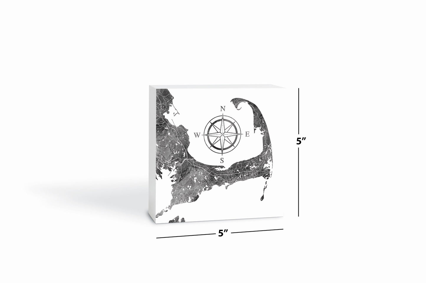 Minimalistic B&W Cape Cod Map With Compass | Wood Block | Eaches | Min 4