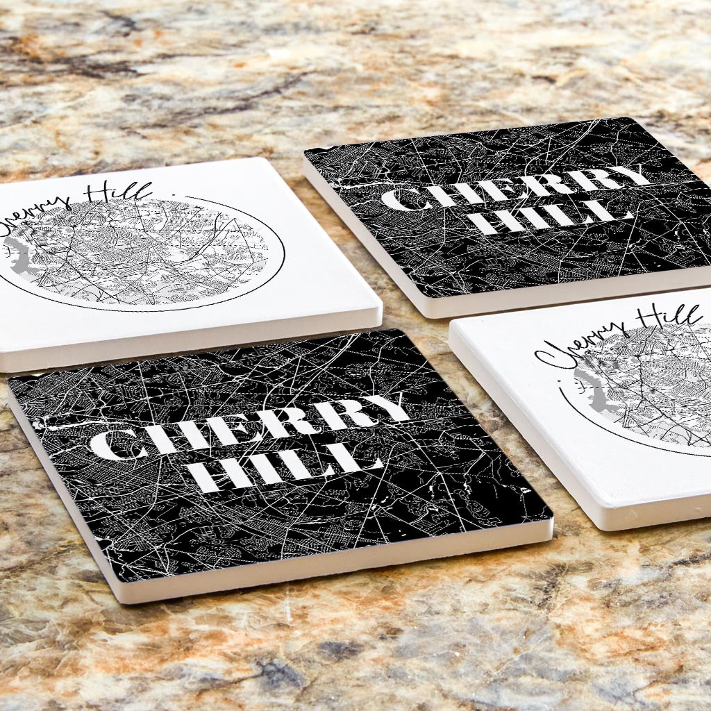 Minimalistic B&W New Jersey Cherry Hill Maps | Absorbent Coasters | Set of 4 | Min 2