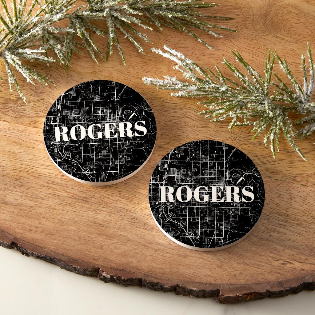 Minimalist B&W Arkansas Rogers Map | Absorbent Car Coasters | Set of 2 | Min 4
