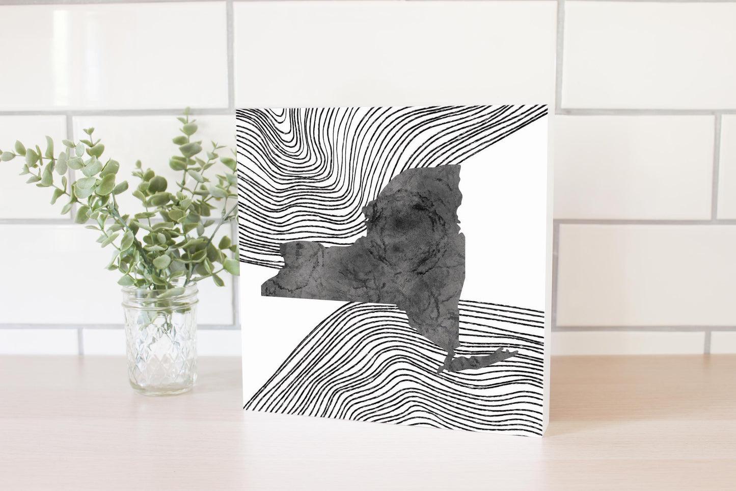 Minimalistic B&W New York State With Fluid Lines | Wood Block | Eaches | Min 2