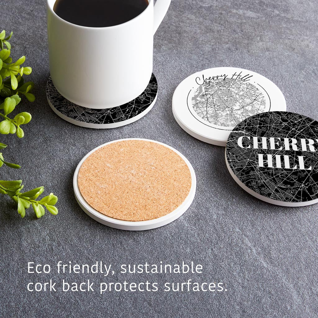 Minimalistic B&W New Jersey Cherry Hill Maps | Absorbent Coasters | Set of 4 | Min 2