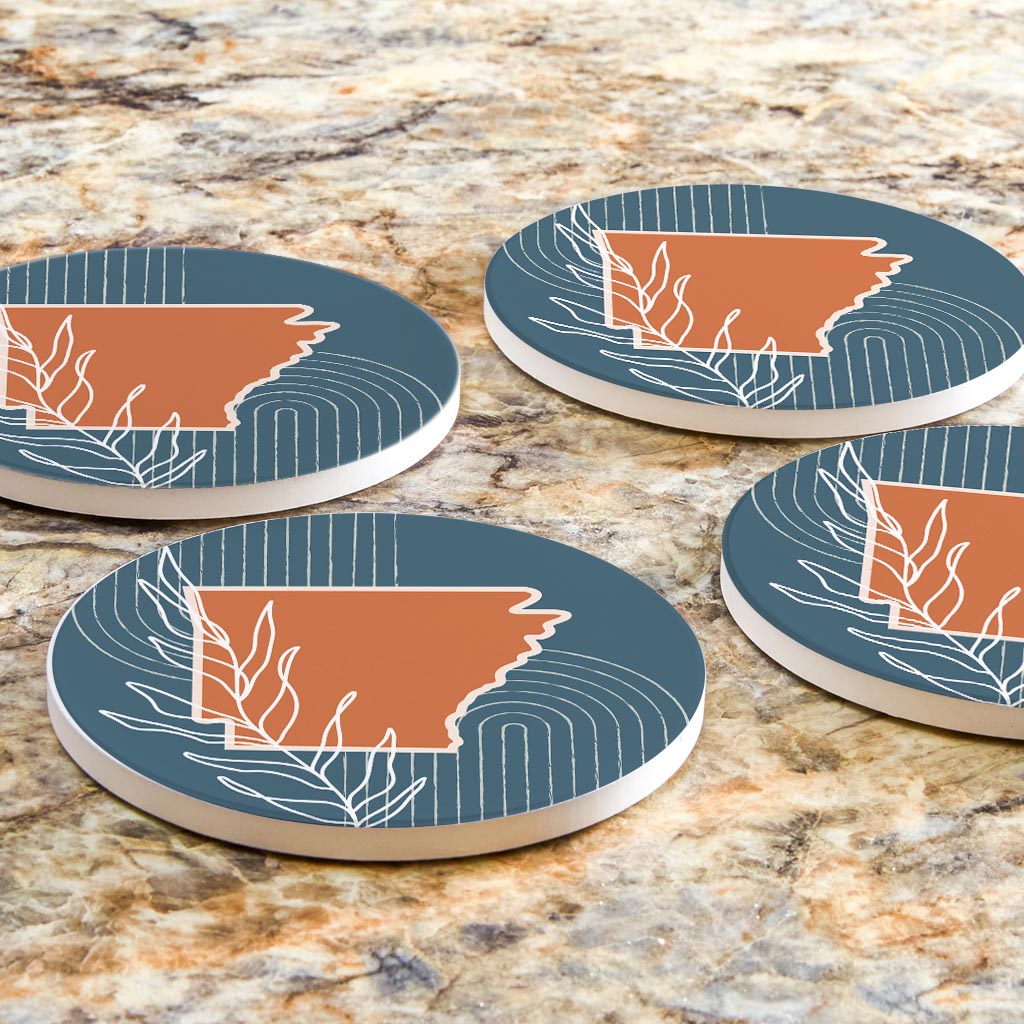 Modern Minimalist Arkansas State Shape With Leaf | Absorbent Coasters | Set of 4 | Min 2
