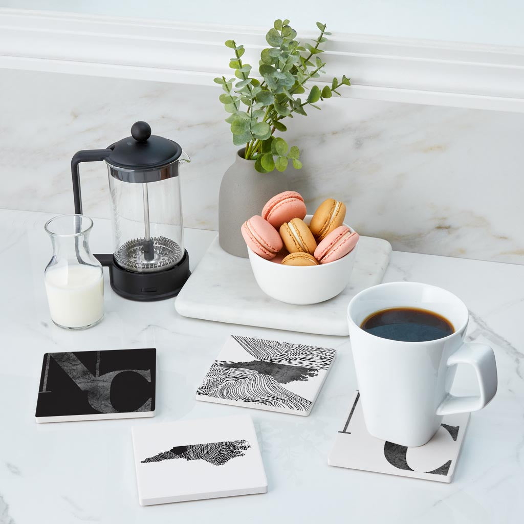 Minimalistic B&W North Carolina Initials State Shapes | Absorbent Coasters | Set of 4 | Min 2