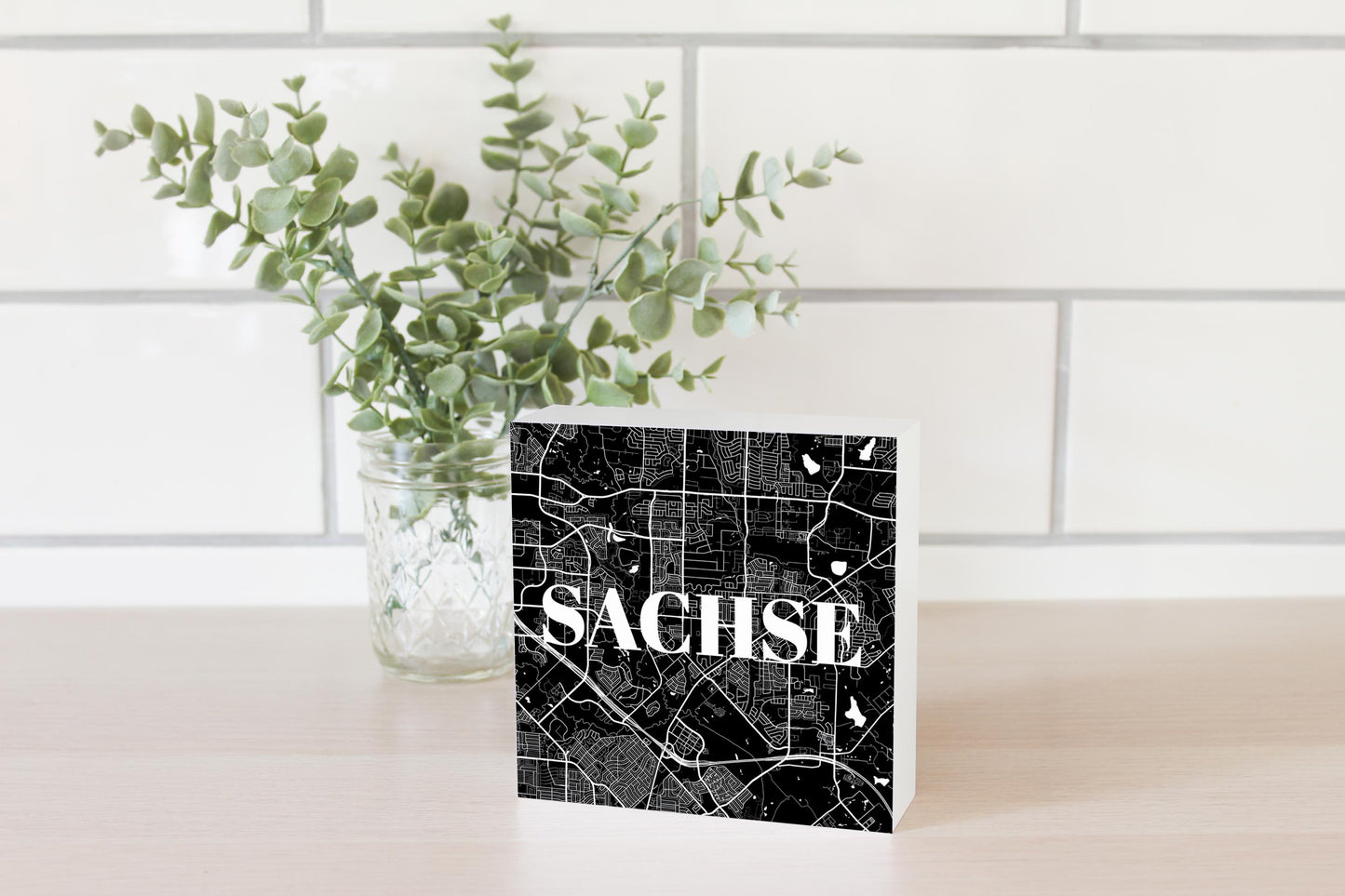 Minimalistic B&W Texas Sachse Map | Wood Block | Eaches | Min 4