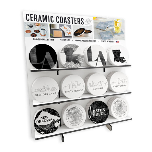 Modern Black & White Louisiana Circle Ceramic Coaster Loaded Display POP Min of 1