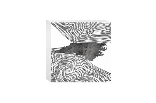 Minimalistic B&W North Carolina State With Fluid Lines | Wood Block | Eaches | Min 4