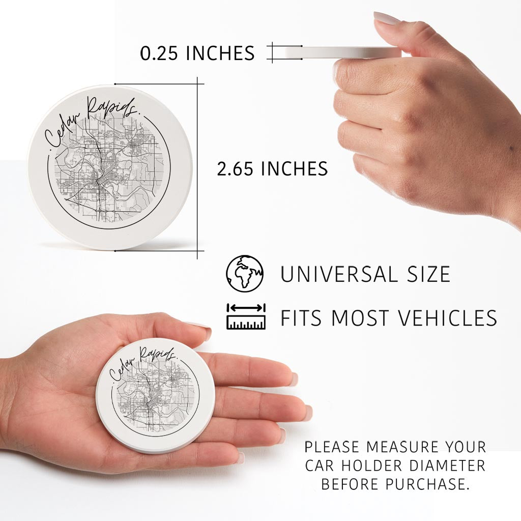 Minimalistic B&W Iowa Cedar Rapids Circle Map | Absorbent Car Coasters | Set of 2 | Min 4