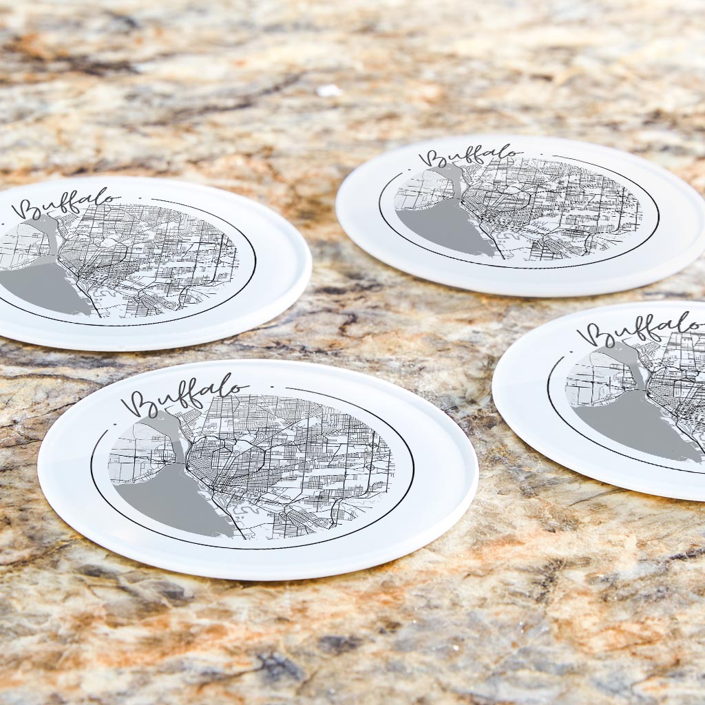 Minimalistic B&W New York Buffalo Circle Map | Hi-Def Glass Coasters | Set of 4 | Min 2