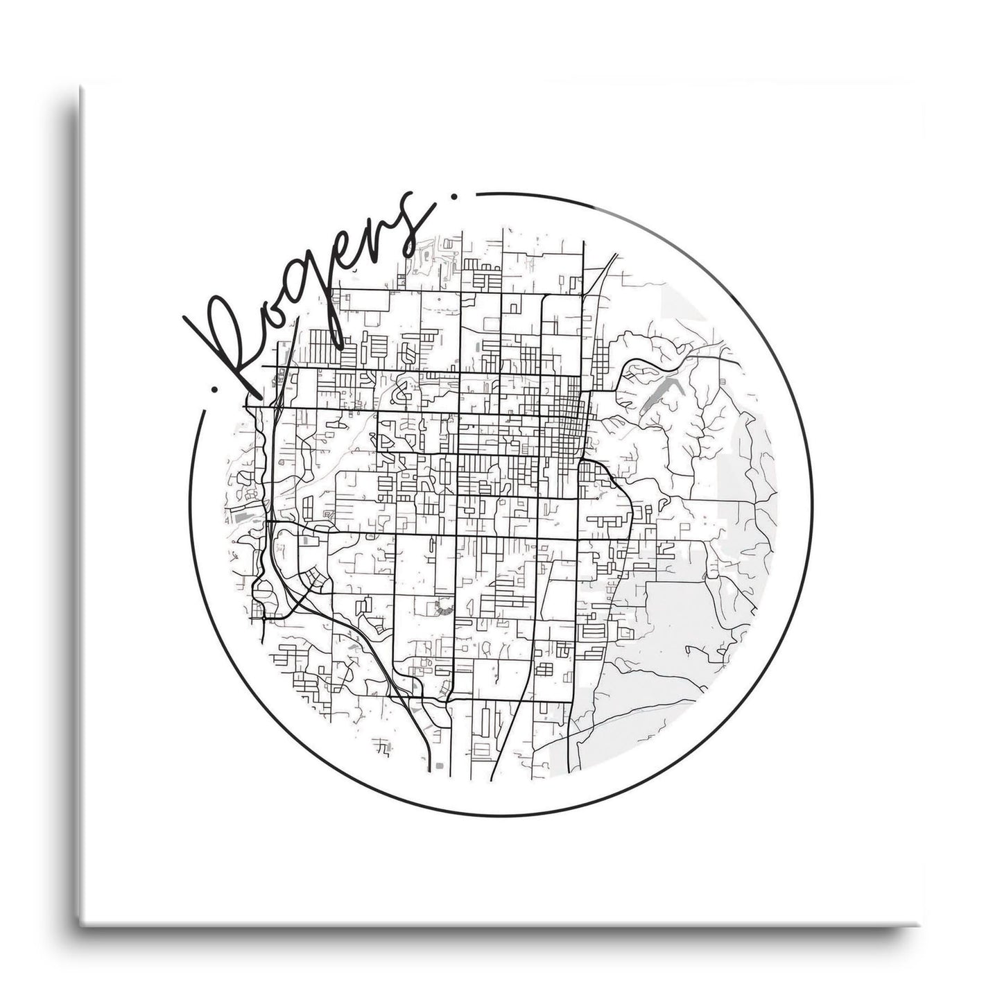 Minimalist B&W Arkansas Rogers Circle Map | Hi-Def Glass Art | Eaches | Min 1