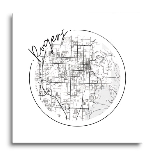 Minimalist B&W Arkansas Rogers Circle Map | Hi-Def Glass Art | Eaches | Min 1