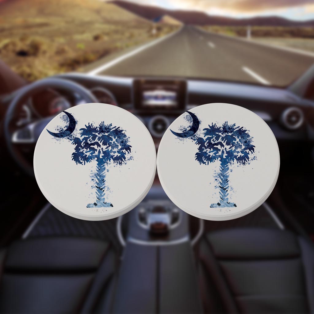 South Carolina Blue Water Color Palm Trees On White | Absorbent Car Coasters | Set of 2 | Min 4