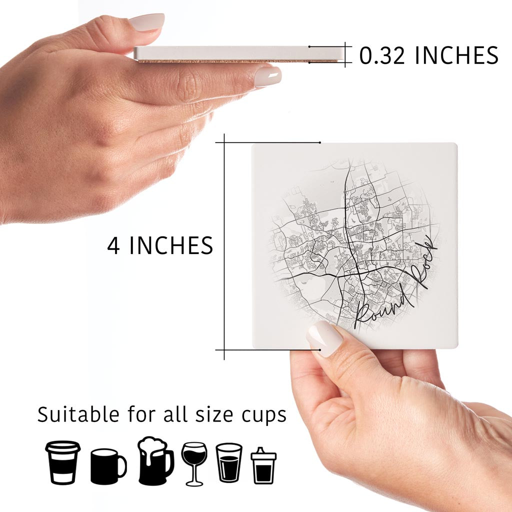 Minimalistic B&W Texas Round Rock Circle Map| Absorbent Coasters | Set of 4 | Min 2