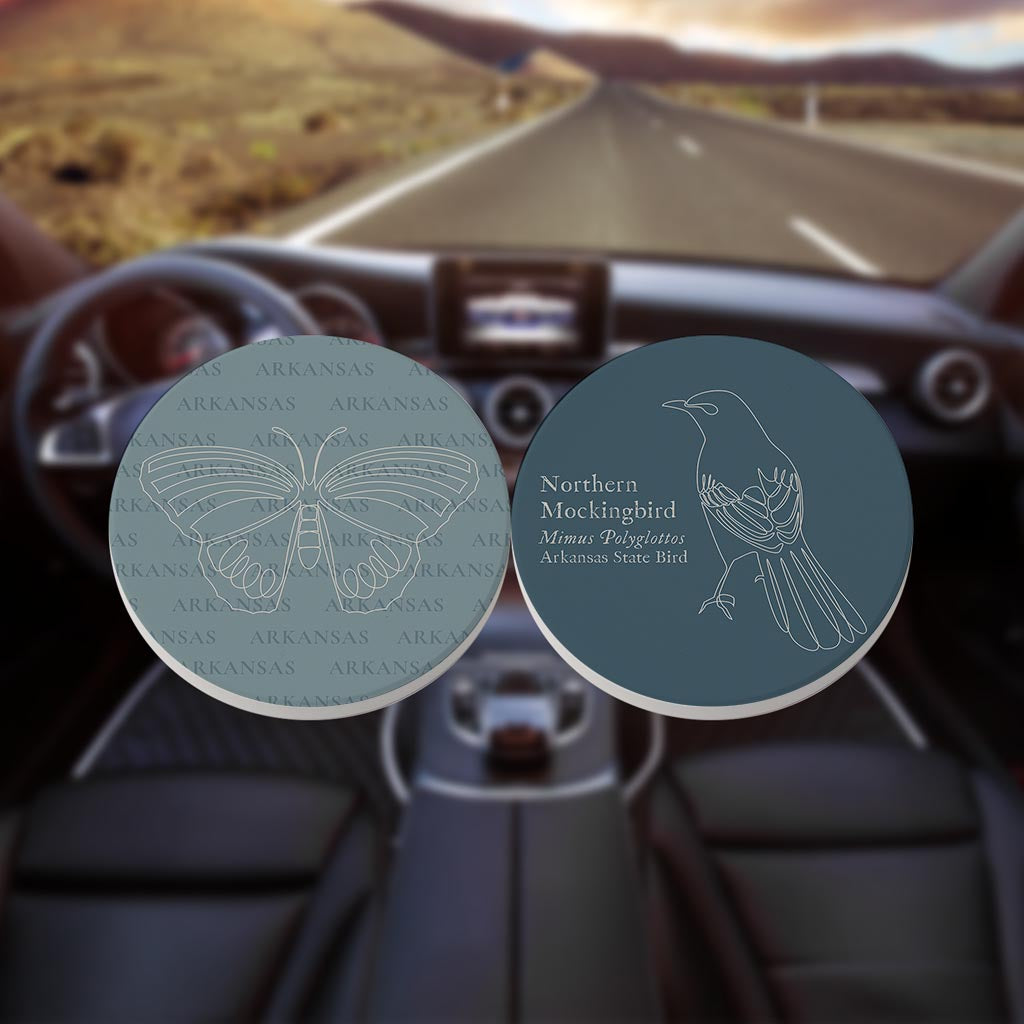 Modern Minimalist Arkansas Butterfly Mockingbird| Absorbent Car Coasters | Set of 2 | Min 4