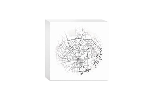 Minimalistic B&W Texas San Antonio Circle Map | Wood Block | Eaches | Min 4