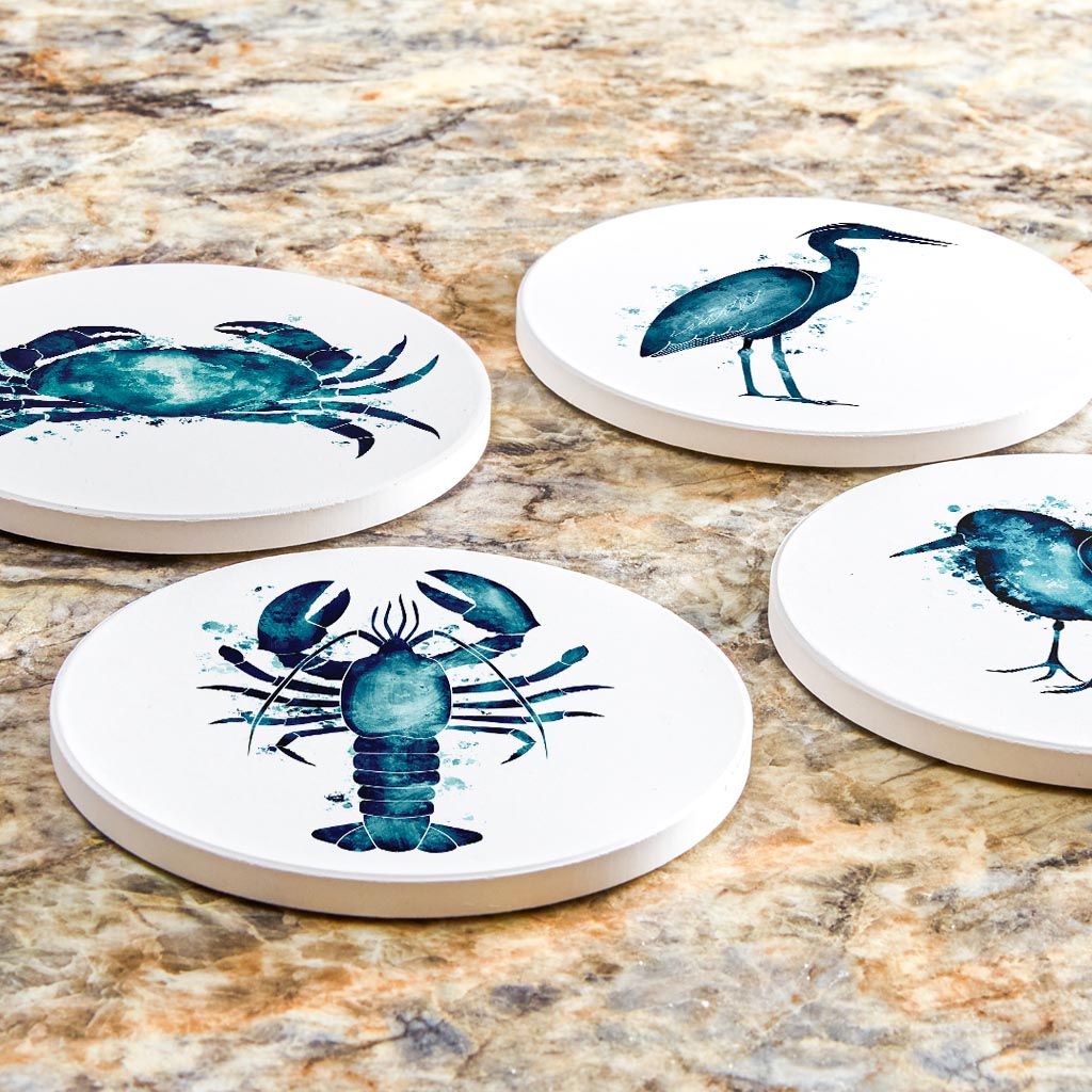 New England Water Color Animals| Absorbent Coasters | Set of 4 | Min 2