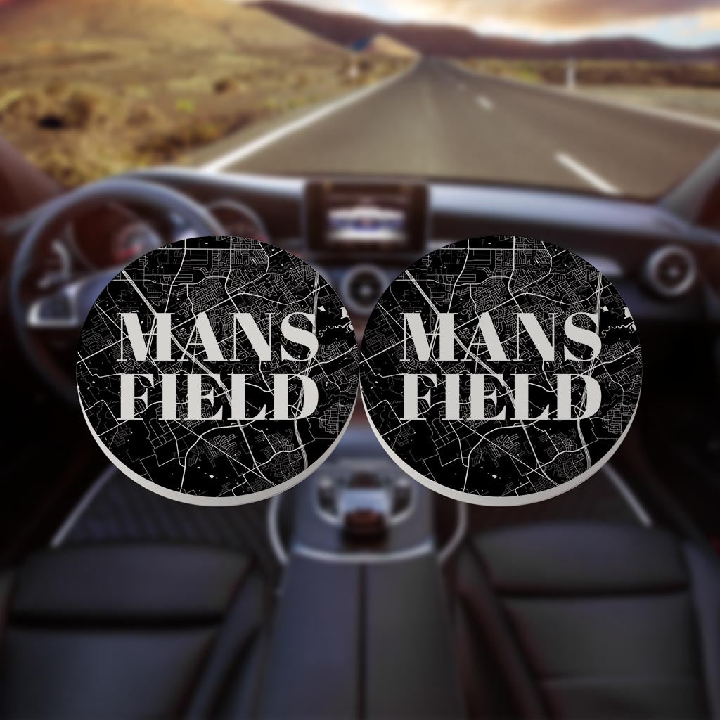 Minimalistic B&W Texas Mansfield Map | Absorbent Car Coasters | Set of 2 | Min 4