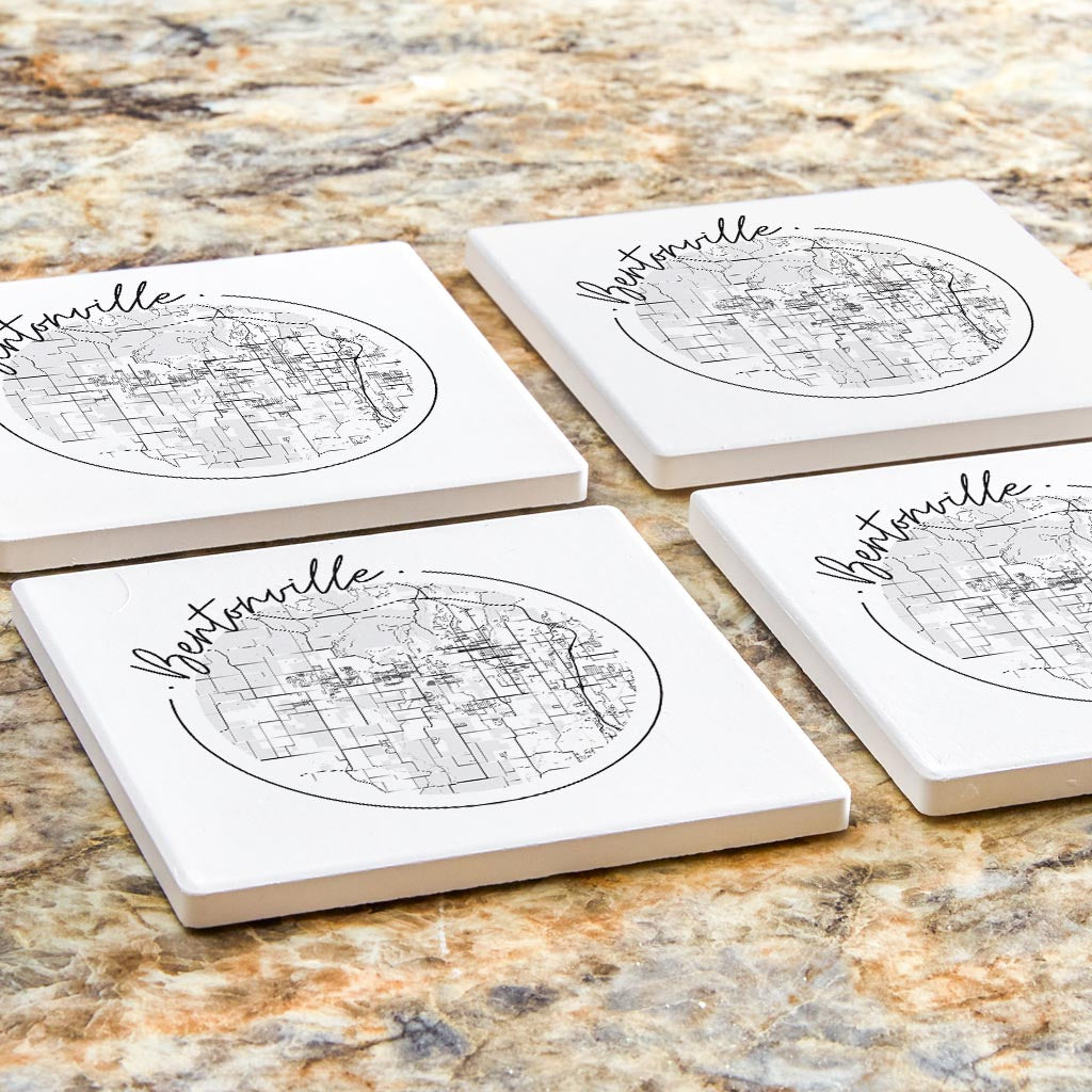 Minimalist B&W Arkansas Bentonville Circle Map | Absorbent Coasters | Set of 4 | Min 2