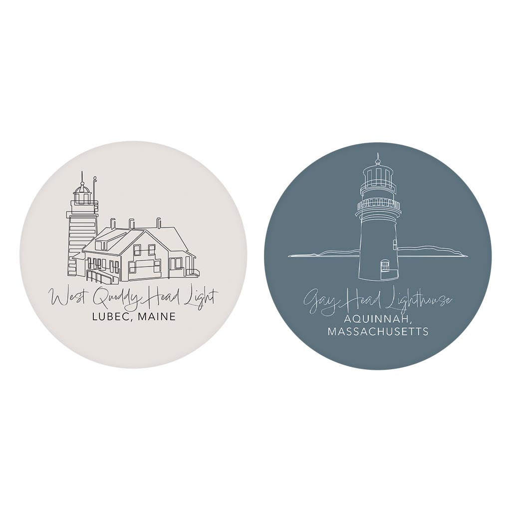 New England Lighthouses Muted Coastal | Absorbent Car Coasters | Set of 2 | Min 4
