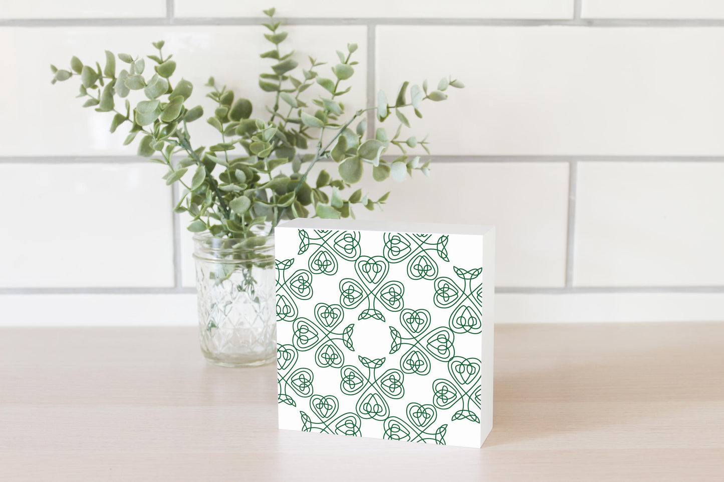 White Green Shamrock Pattern | Wood Block | Eaches | Min 4