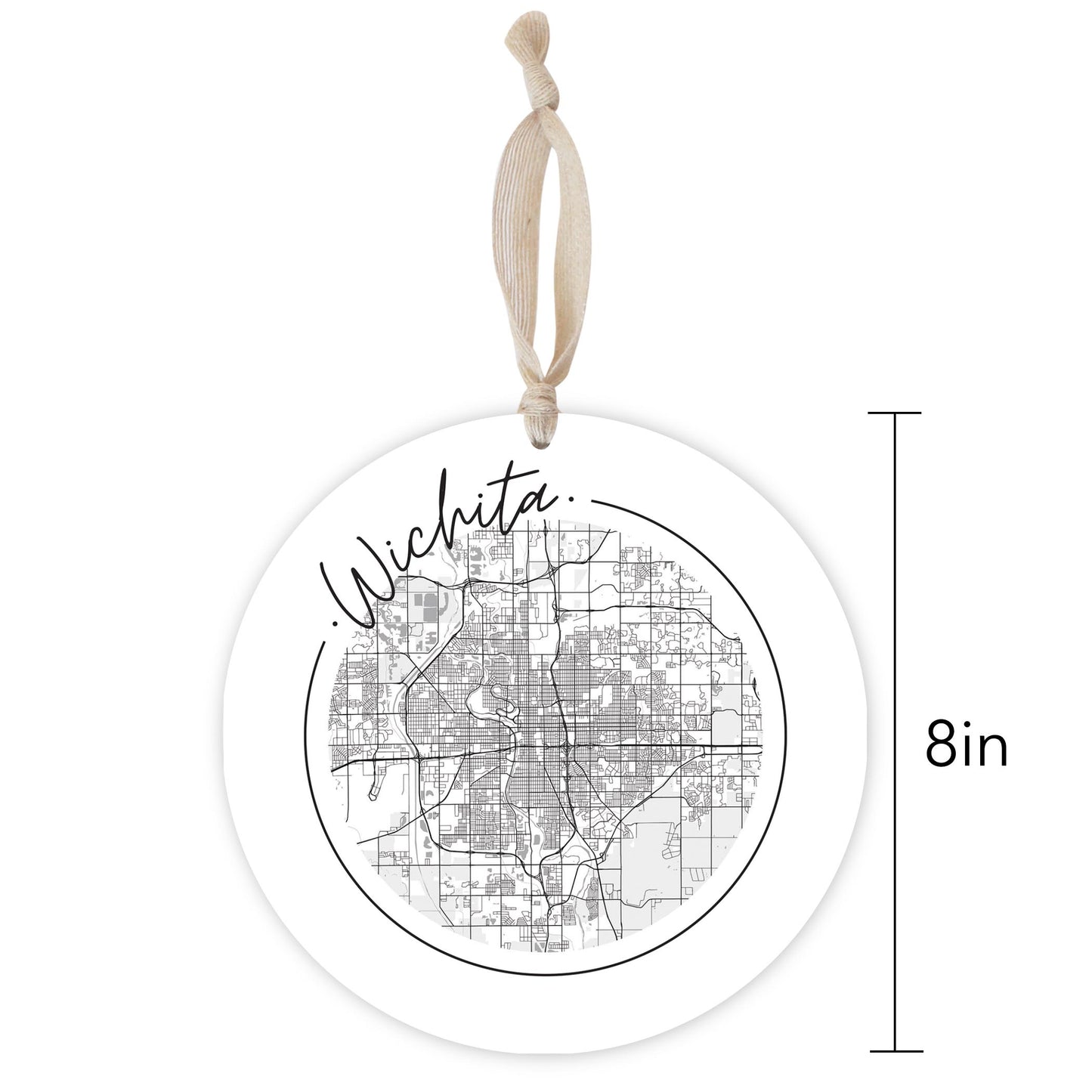 Minimalist B&W Kansas Wichita Circle Map | Wood Ornament | Eaches | Min 1