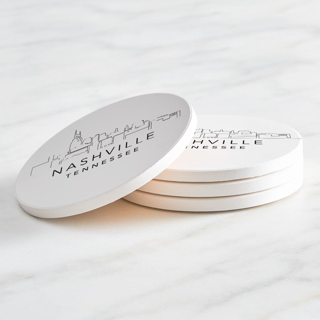 Minimalist B&W Tennessee Nashville Skyline | Absorbent Coasters | Set of 4 | Min 2