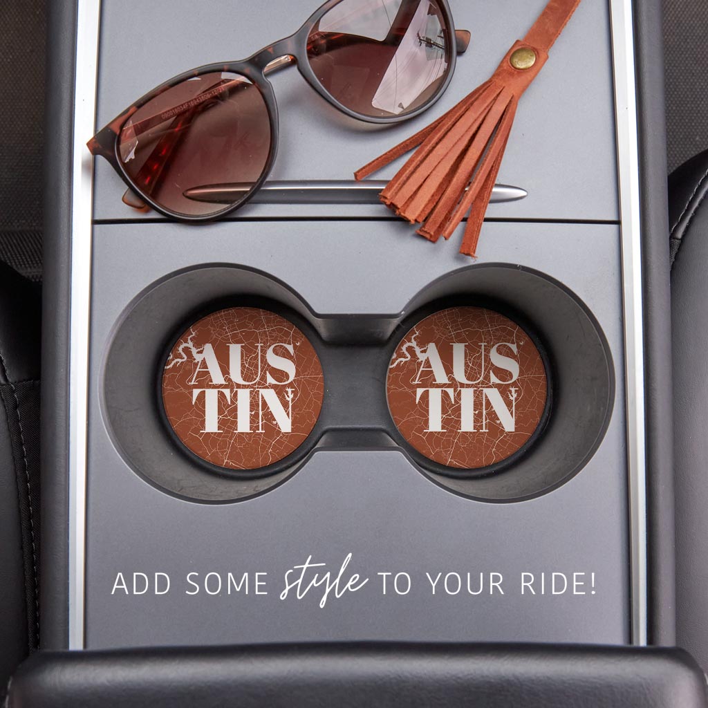 Modern Minimalist Texas Austin Map | Absorbent Car Coasters | Set of 2 | Min 4