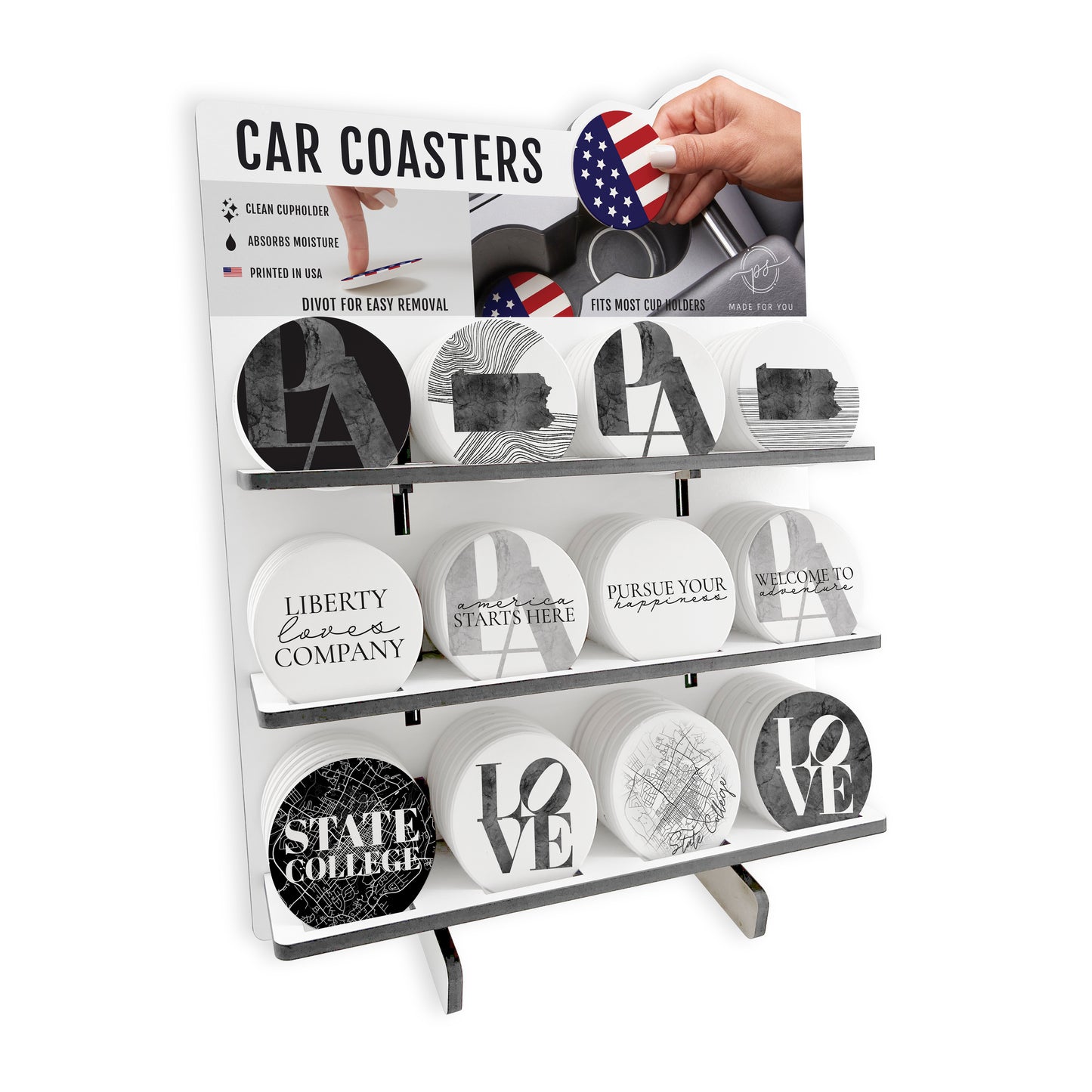 Minimalistic B&W Pennsylvania State College Car Ceramic Coaster Loaded Display POP Min of 1