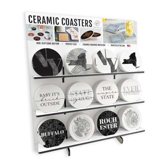 Minimalistic B&W New York Ceramic Circle Coaster Loaded Display POP Min of 1