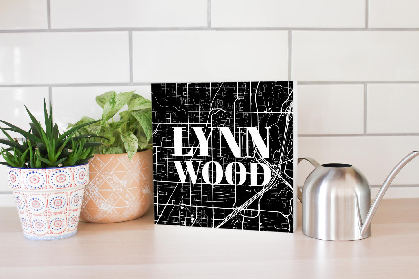 Minimalistic B&W Washington Lynnwood Map | Wood Block | Eaches | Min 2
