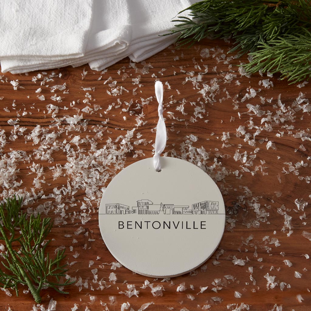 Minimalist B&W Arkansas Bentonville Skyline | Wood Ornament | Eaches | Min 6